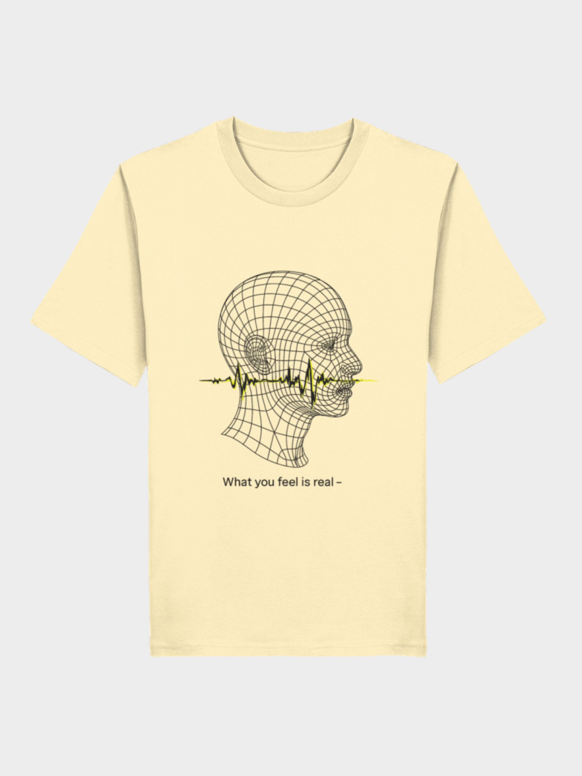 Gelbes Vyfinity Unisex T-Shirt mit geometrischem Linienkopf-Design. Eine gelbe Soundwave verläuft quer durch den Kopf, darunter der Satz „What you feel is real –“. Stylisches Statement-Shirt für Streetwear, Urban Style und kreative Outfits.