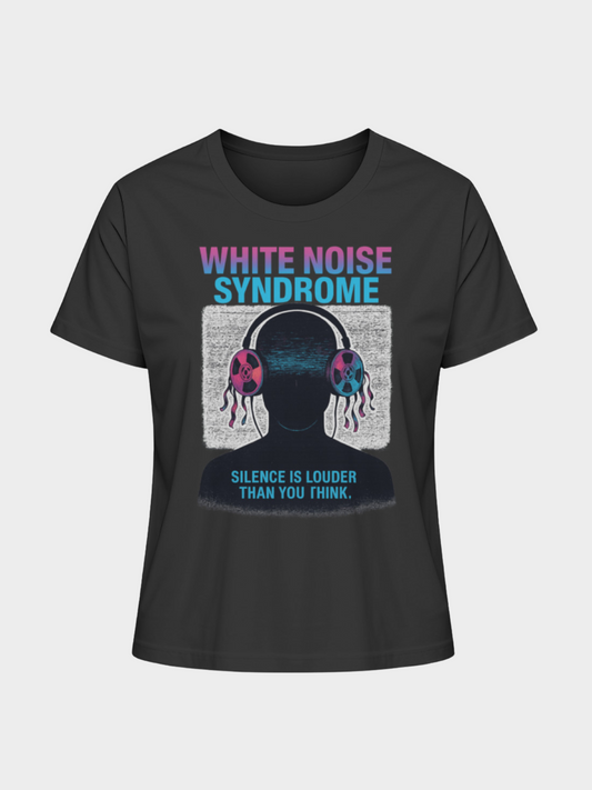 Vyfinity White Noise Syndrome T-Shirt in Schwarz mit futuristischem Headset-Print und Störsignal-Effekt. Statement „Silence is louder than you think.“ – Cyberpunk Streetwear mit Retro-Glitch-Optik.