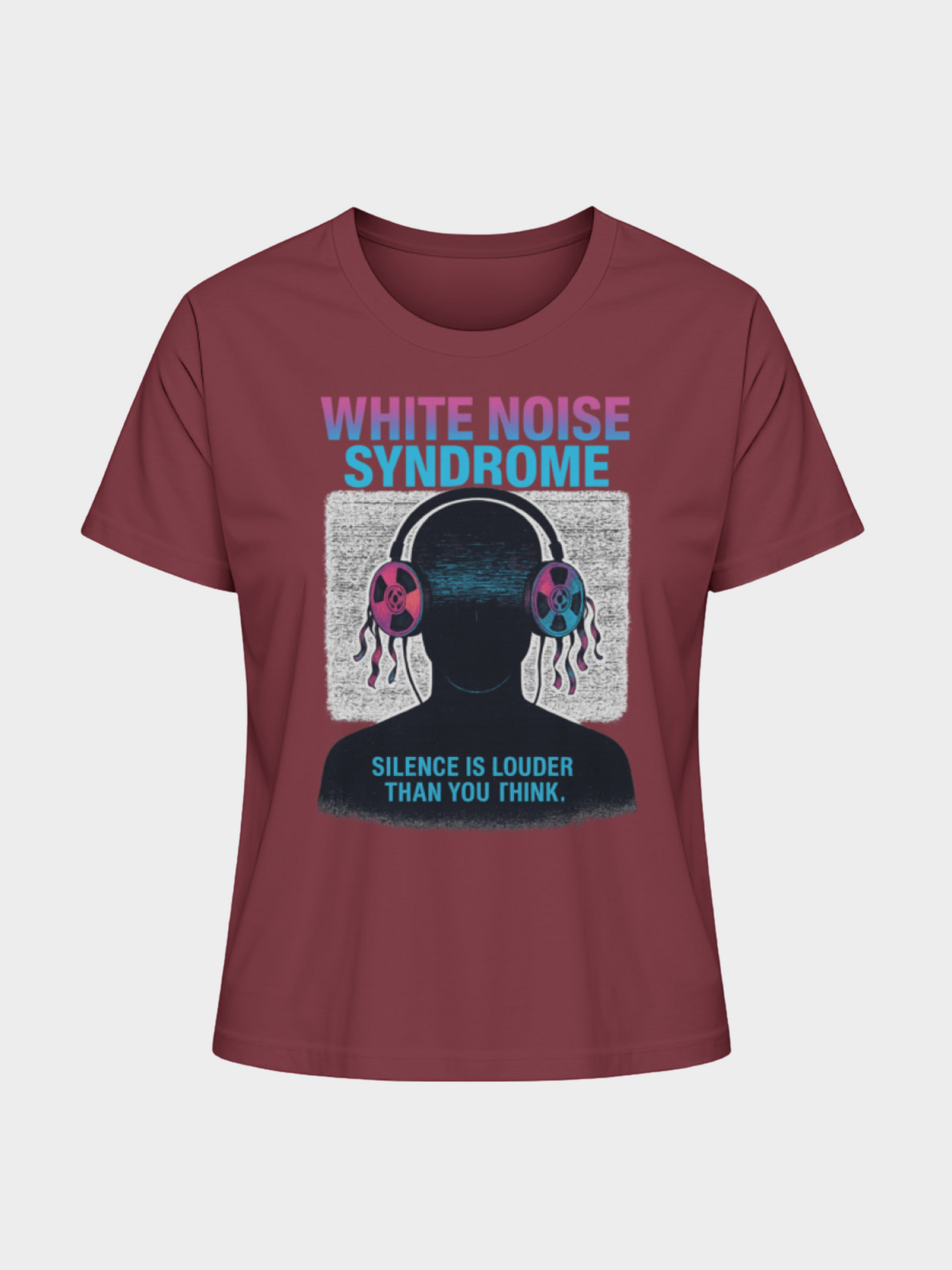 Vyfinity White Noise Syndrome T-Shirt in Bordeaux mit futuristischem Headset-Design, Störsignal-Optik und Slogan „Silence is louder than you think.“ – Cyberpunk Streetwear Style.