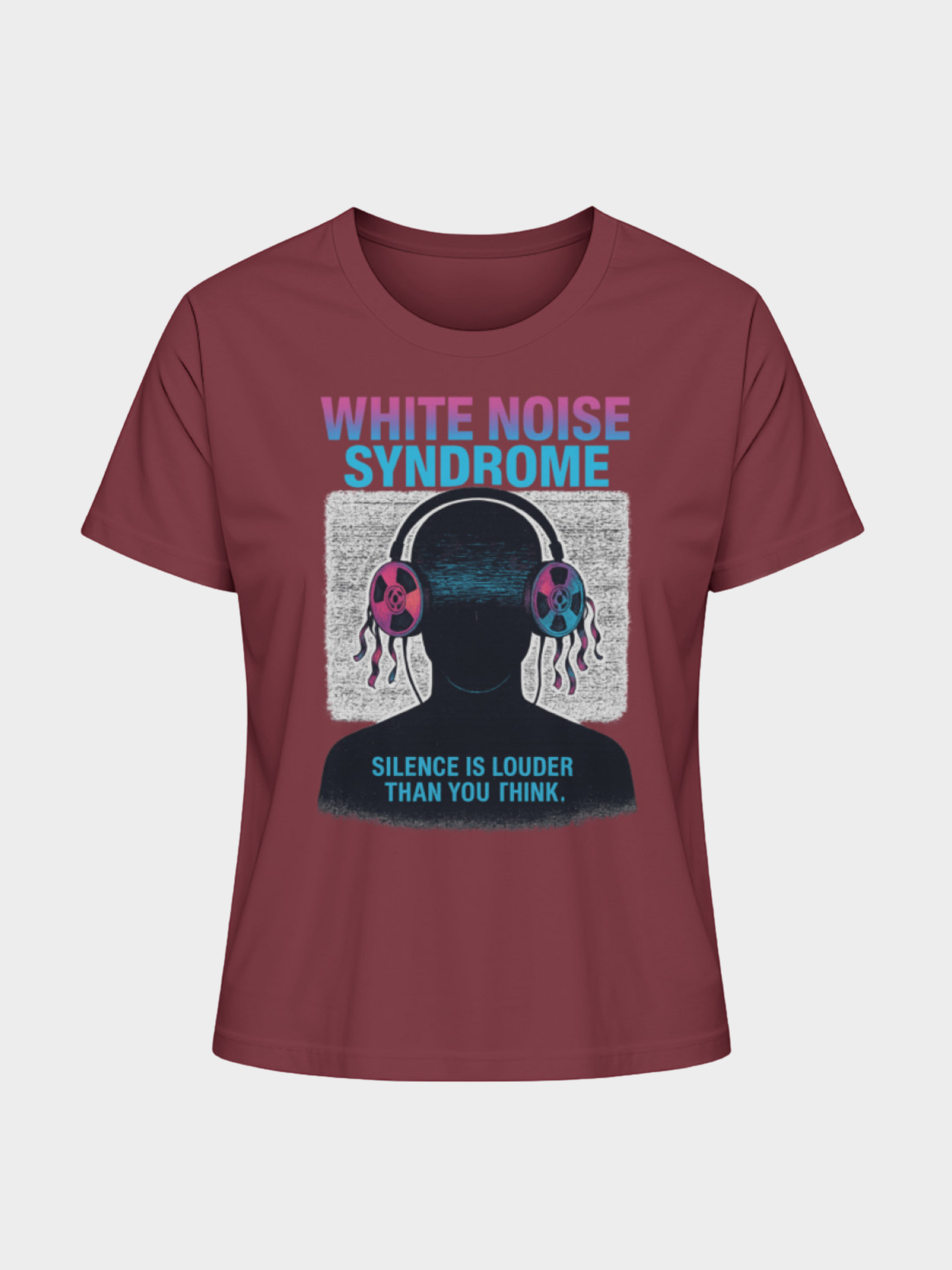 Vyfinity White Noise Syndrome T-Shirt in Bordeaux mit futuristischem Headset-Design, Störsignal-Optik und Slogan „Silence is louder than you think.“ – Cyberpunk Streetwear Style.