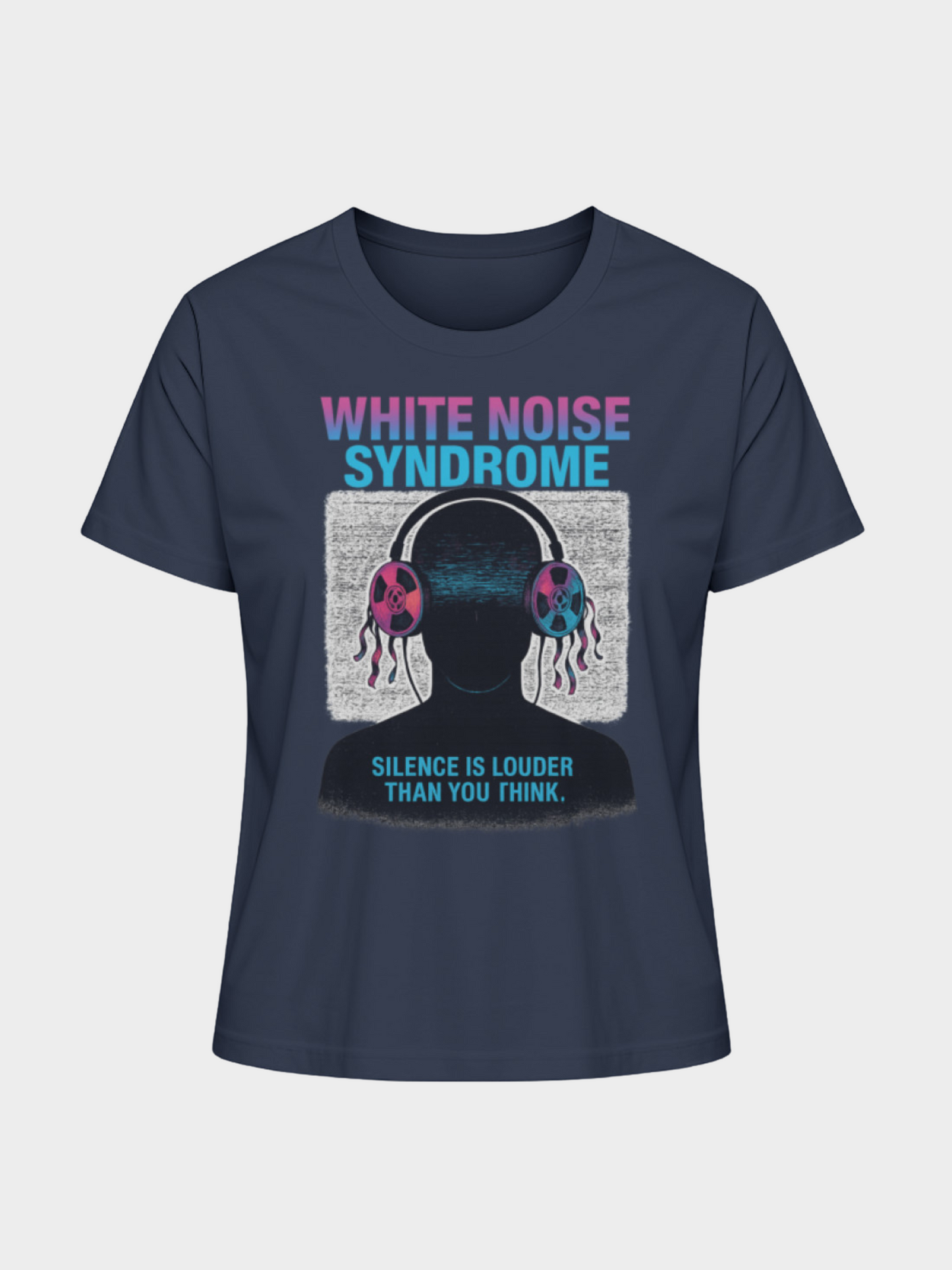 Vyfinity White Noise Syndrome T-Shirt in Navy Blau mit futuristischem Kopfhörer-Design, Störsignal-Grafik und Spruch „Silence is louder than you think.“ – Urban Cyberpunk Streetwear.