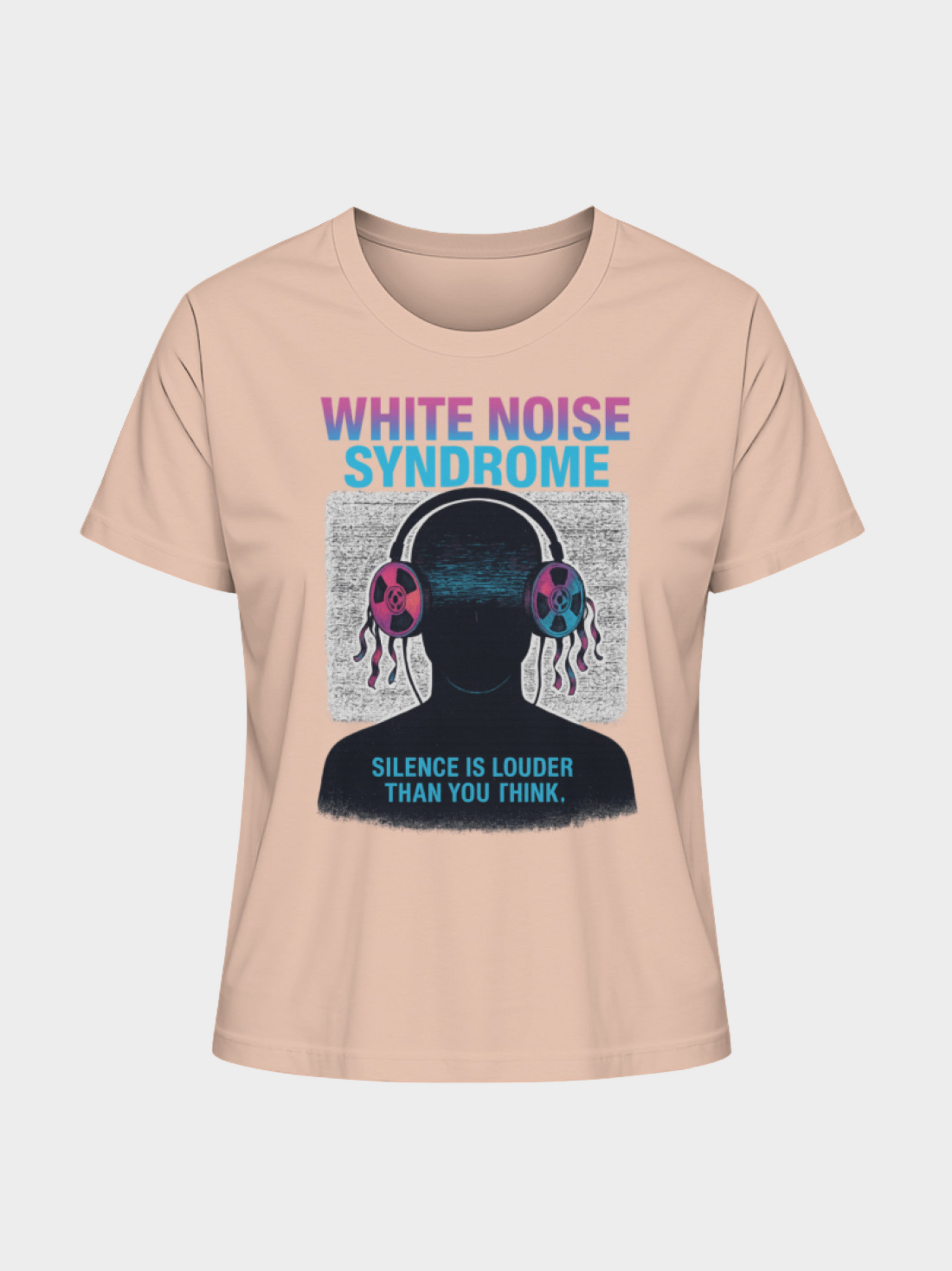 Vyfinity White Noise Syndrome T-Shirt in Peach Apricot mit futuristischem Kopfhörer-Design, Störsignal-Grafik und Spruch „Silence is louder than you think.“ – Trendiges Cyberpunk Streetwear Shirt.