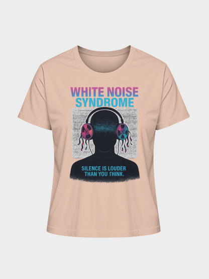 Vyfinity White Noise Syndrome T-Shirt in Peach Apricot mit futuristischem Kopfhörer-Design, Störsignal-Grafik und Spruch „Silence is louder than you think.“ – Trendiges Cyberpunk Streetwear Shirt.