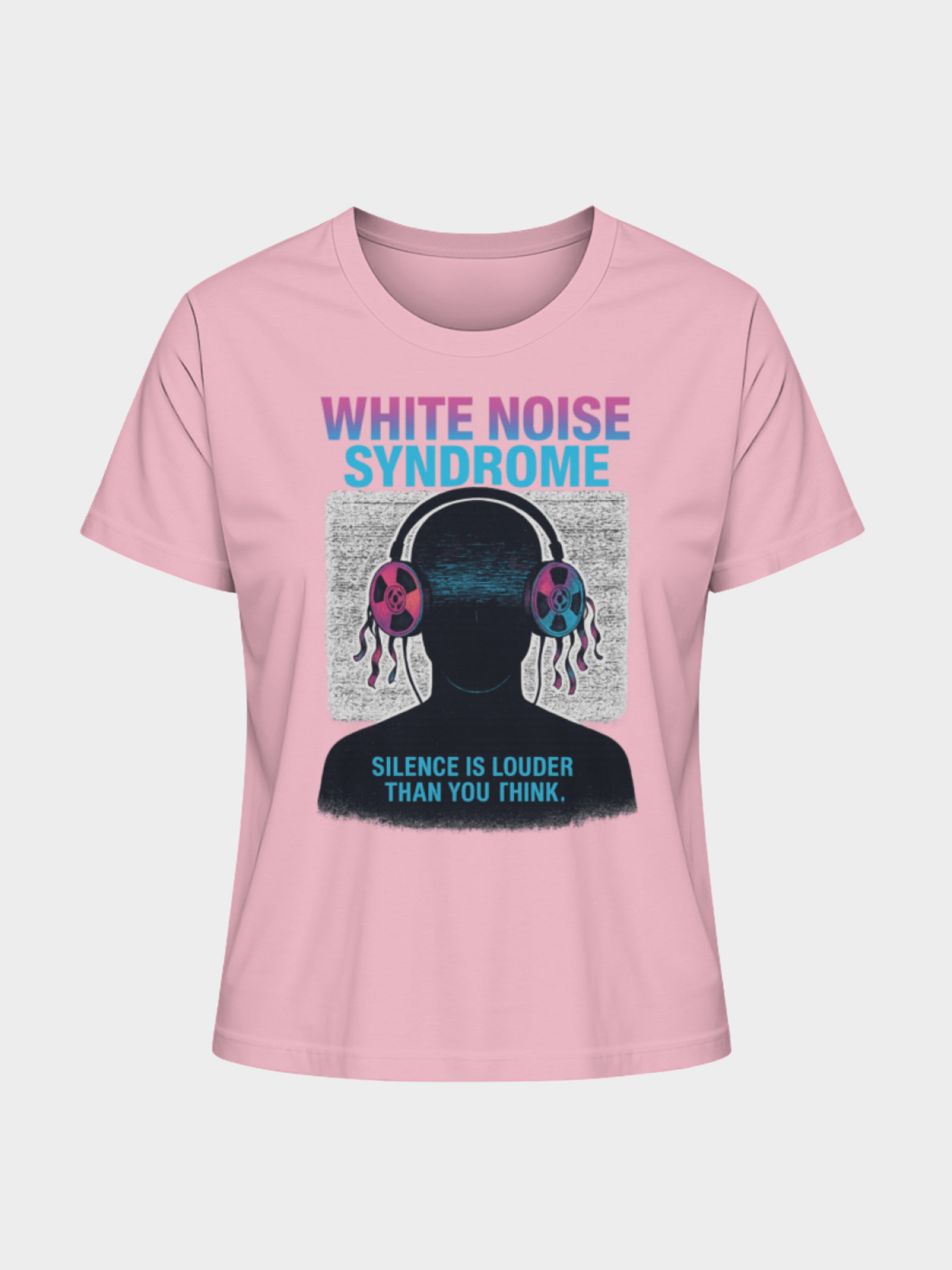 Vyfinity White Noise Syndrome T-Shirt in Rosa mit futuristischem Headset-Motiv, Störsignal-Hintergrund und Slogan „Silence is louder than you think.“ – Urban Streetwear mit Cyberpunk-Style.
