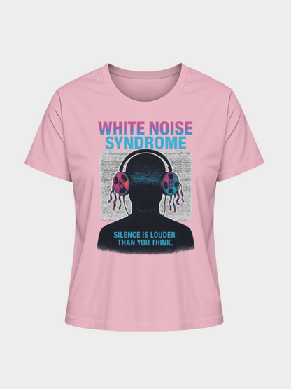 Vyfinity White Noise Syndrome T-Shirt in Rosa mit futuristischem Headset-Motiv, Störsignal-Hintergrund und Slogan „Silence is louder than you think.“ – Urban Streetwear mit Cyberpunk-Style.