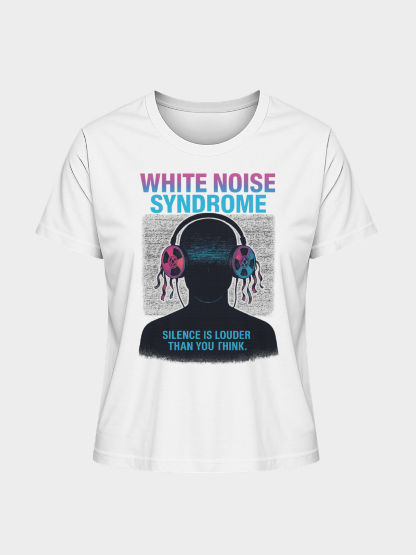 Vyfinity White Noise Syndrome T-Shirt in Weiß mit futuristischem Kopfhörer-Motiv, Störsignal-Design und Slogan „Silence is louder than you think.“ – Statement Streetwear im Cyberpunk-Look.