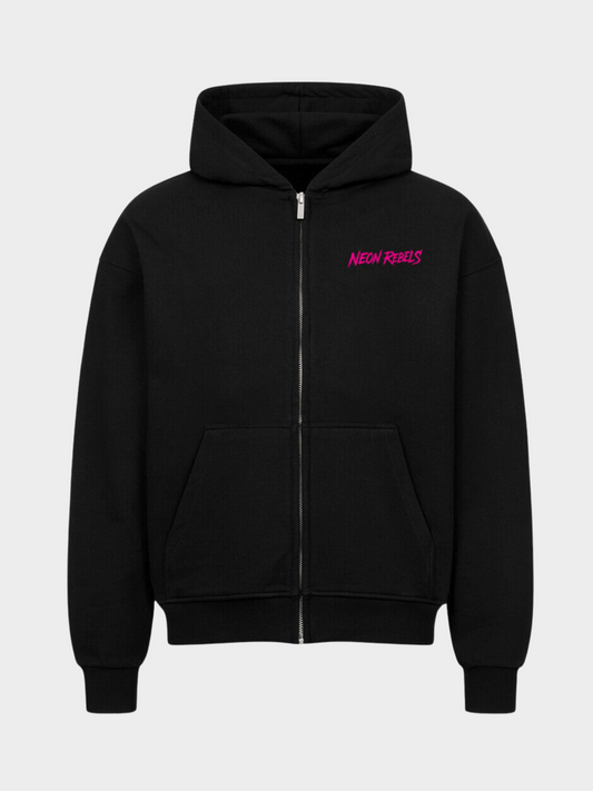 Vyfinity Zip Hoodie Neon Rebels Schwarz mit kleinem Brustlogo Streetwear Kapuzenjacke