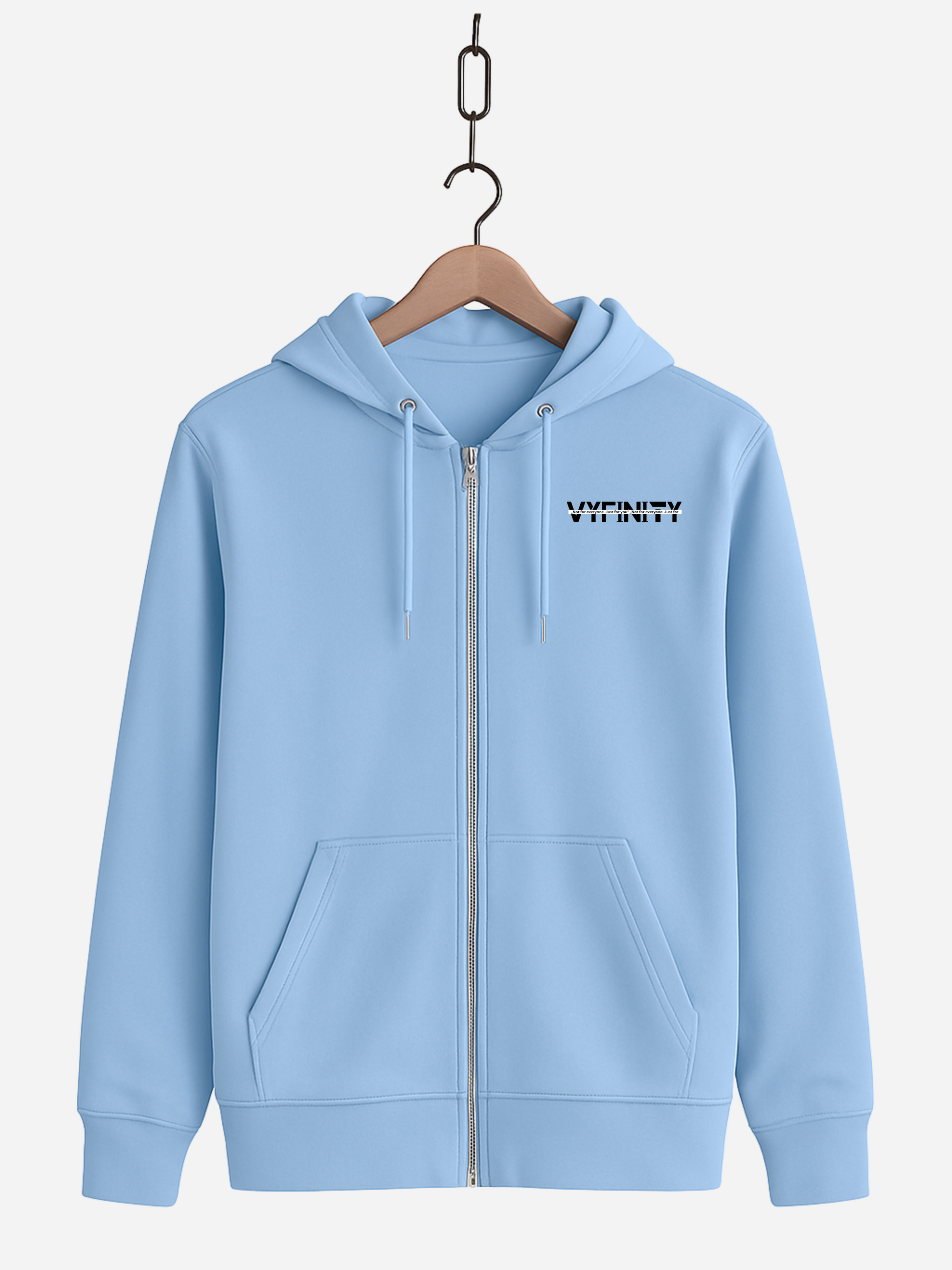 Vyfinity Zipper Hoodie Blue Soul – Unisex Kapuzenjacke in Hellblau mit schwarzem Vyfinity Frontprint auf der Brust Streetwear minimalistisch