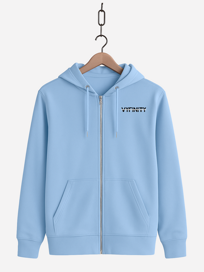 Vyfinity Zipper Hoodie Blue Soul – Unisex Kapuzenjacke in Hellblau mit schwarzem Vyfinity Frontprint auf der Brust Streetwear minimalistisch