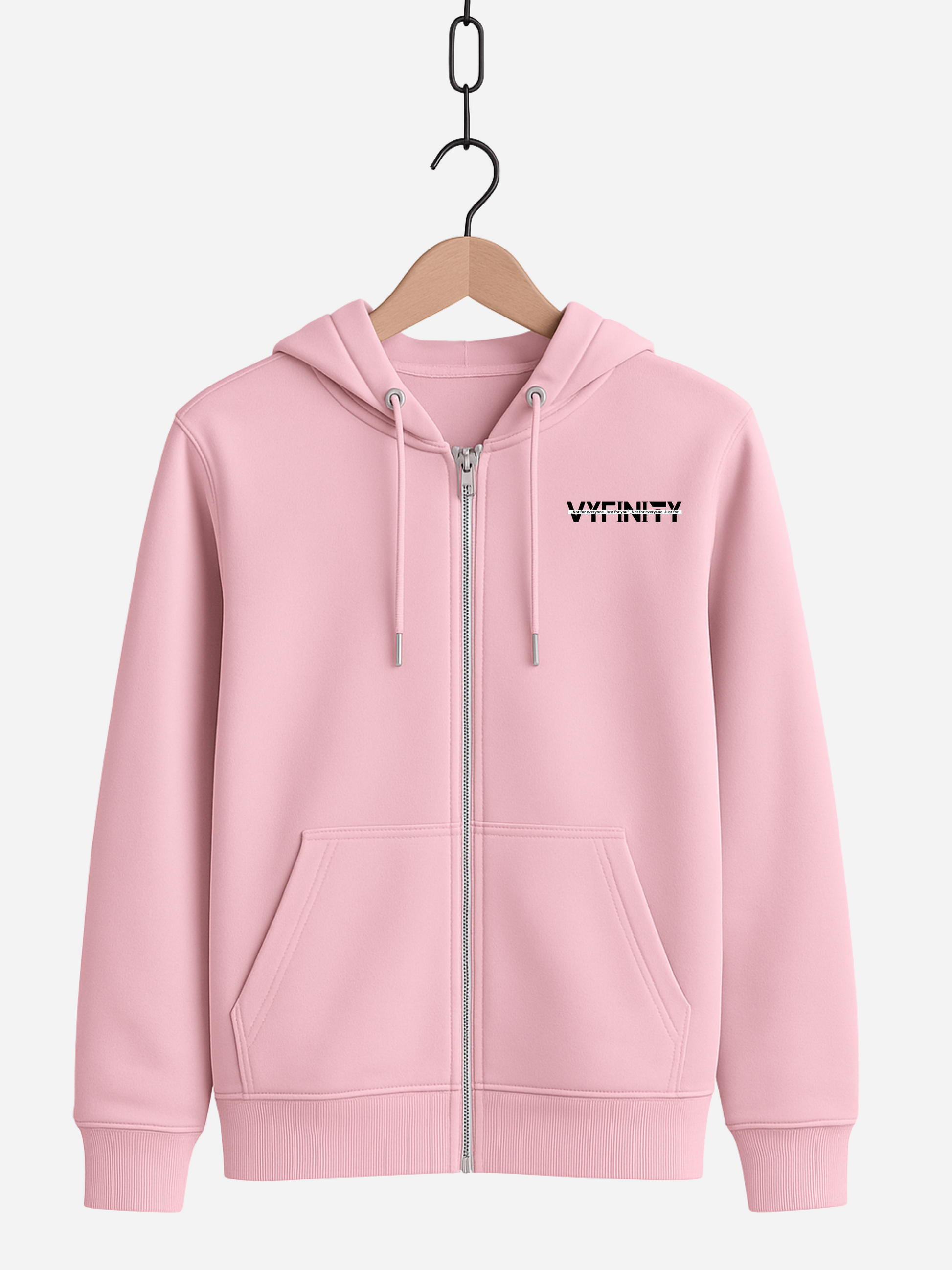 Vyfinity Zipper Hoodie Cotton Pink – Unisex Kapuzenjacke in Rosa mit kleinem schwarzen Vyfinity Schriftzug Front Streetwear