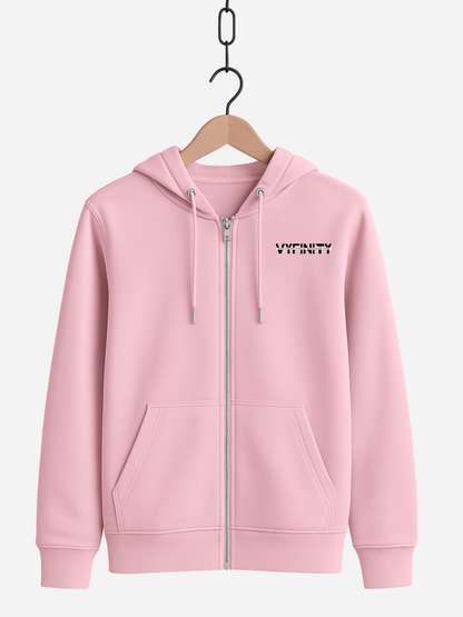 Vyfinity Zipper Hoodie Cotton Pink – Unisex Kapuzenjacke in Rosa mit kleinem schwarzen Vyfinity Schriftzug Front Streetwear