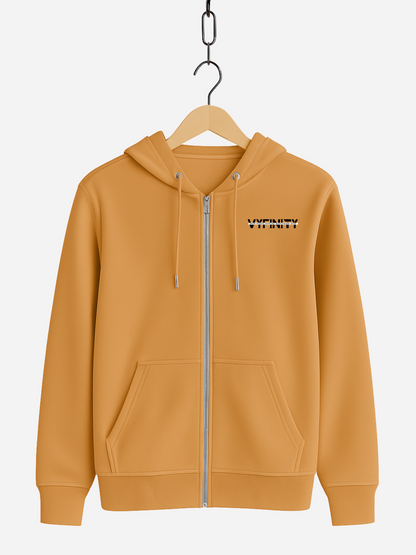 Vyfinity Zipper Hoodie Mustard Yellow – Unisex Kapuzenjacke in Senfgelb mit kleinem schwarzen Vyfinity Logo Frontprint Streetwear