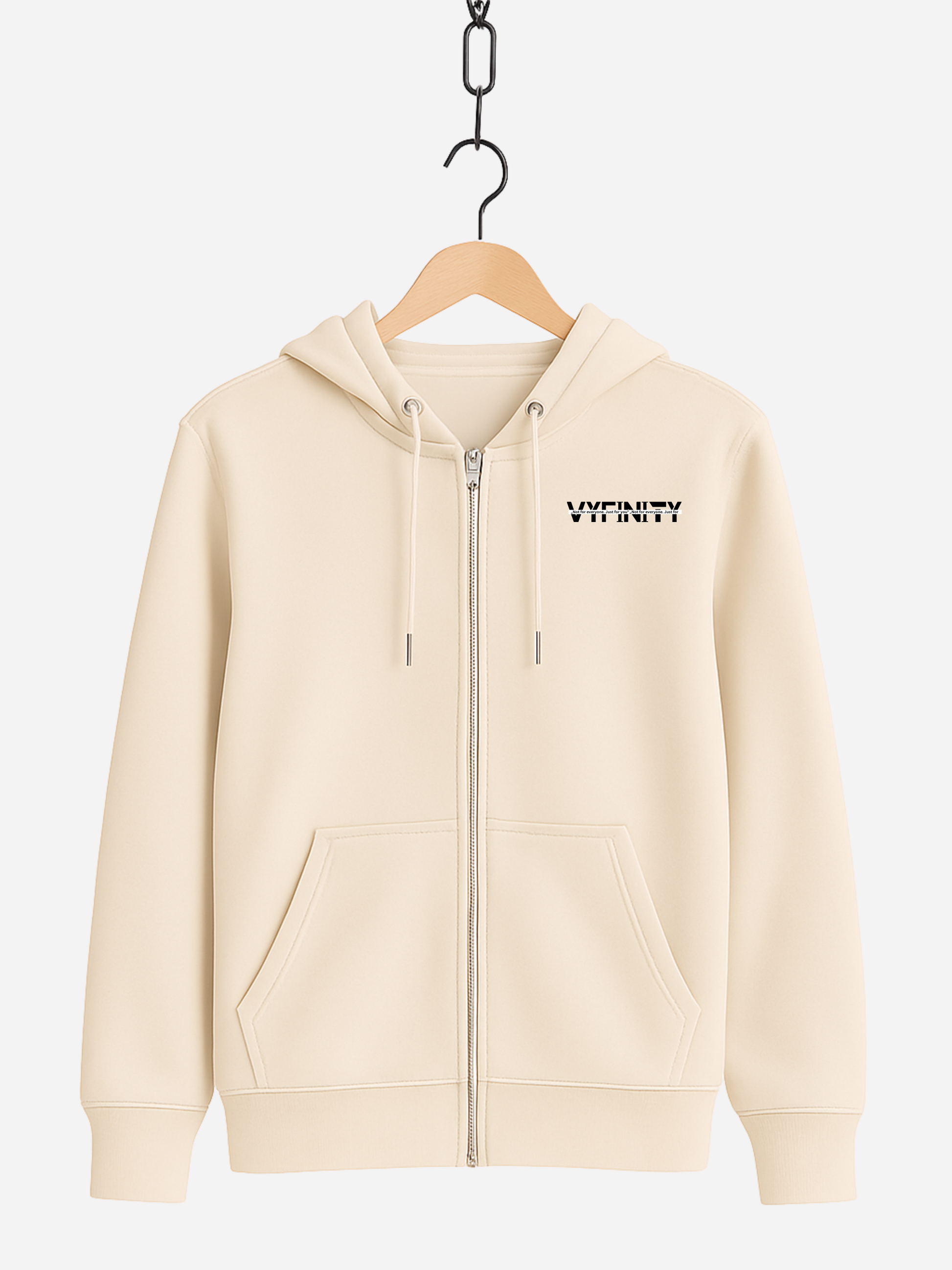 Vyfinity Zipper Hoodie Natural Raw – Unisex Kapuzenjacke in Naturweiß mit kleinem schwarzen Vyfinity Schriftzug vorne links Brust Streetwear