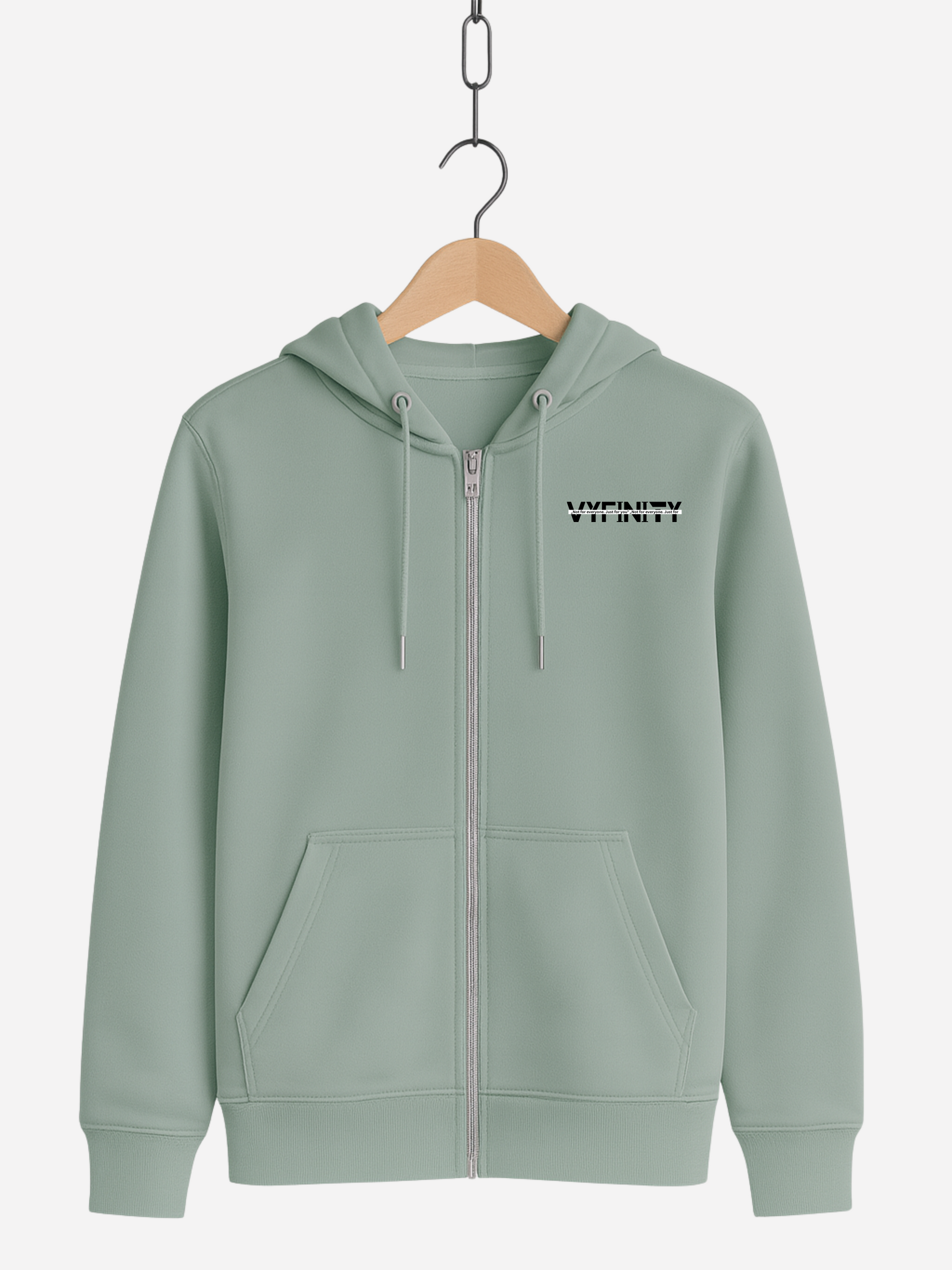 Vyfinity Zipper Hoodie Sage – Unisex Kapuzenjacke in Salbei Grün mit kleinem schwarzen Vyfinity Frontlogo Streetwear