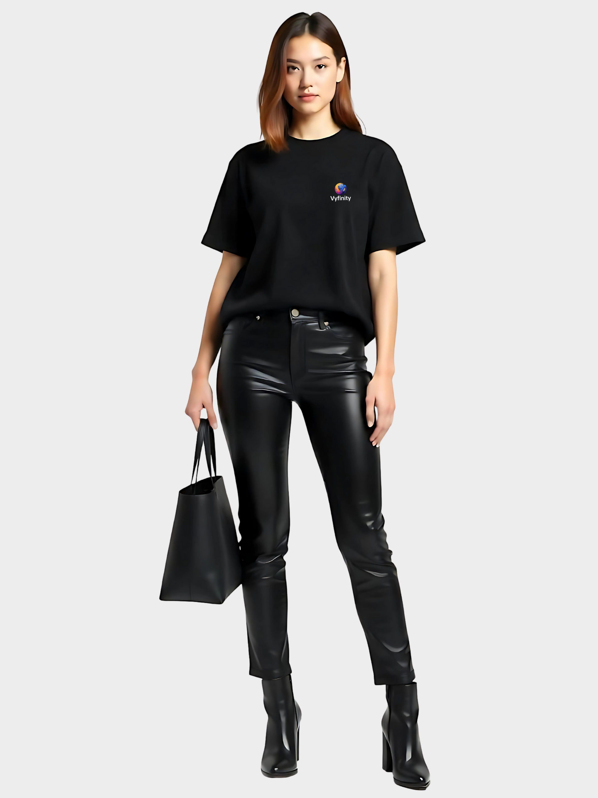 Komplettansicht einer Frau in schwarzem Vyfinity-T-Shirt, kombiniert mit schwarzer Lederhose, Stiefeletten und schwarzer Handtasche, moderner Streetstyle-Look.