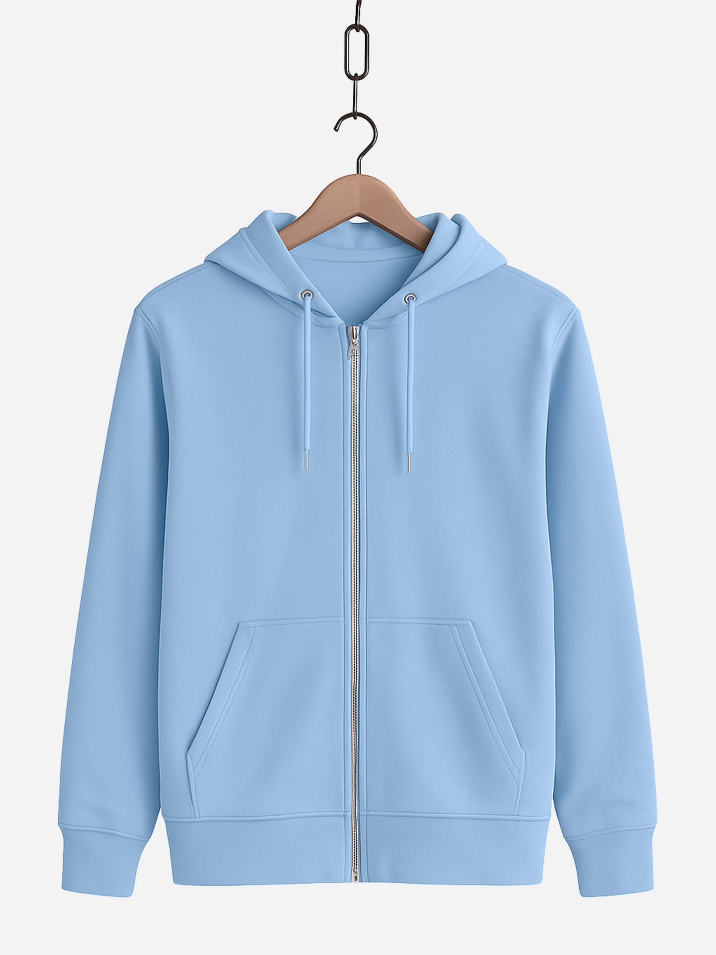 Unisex Zipper Hoodie in Hellblau mit Kapuze, Kordeln, Reißverschluss und Fronttaschen, auf Bügel präsentiert.