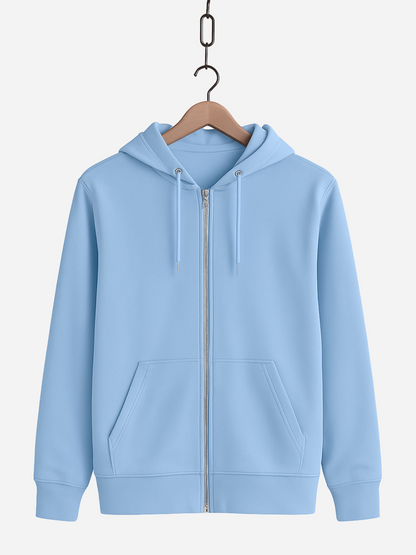 Unisex Zipper Hoodie in Hellblau mit Kapuze, Kordeln, Reißverschluss und Fronttaschen, auf Bügel präsentiert.