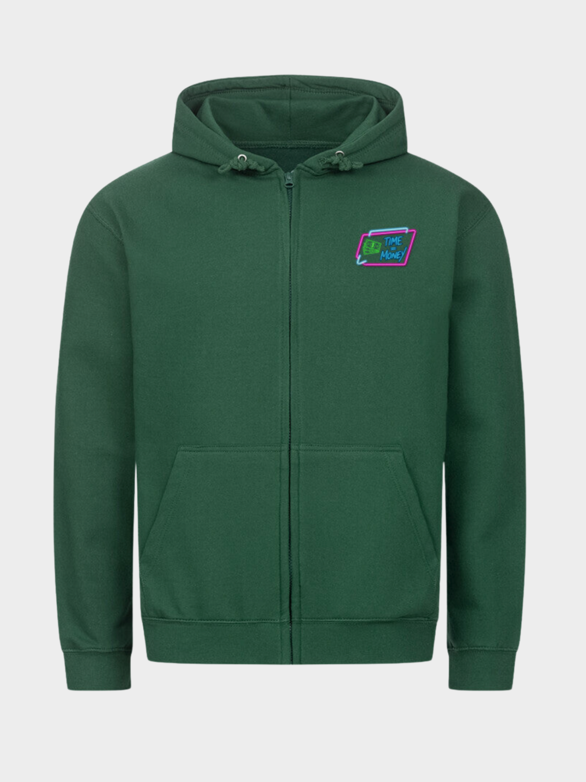 Forest Green Zipper Hoodie mit Neon-Grafik "Time is Money" auf der Brust und Rückseite