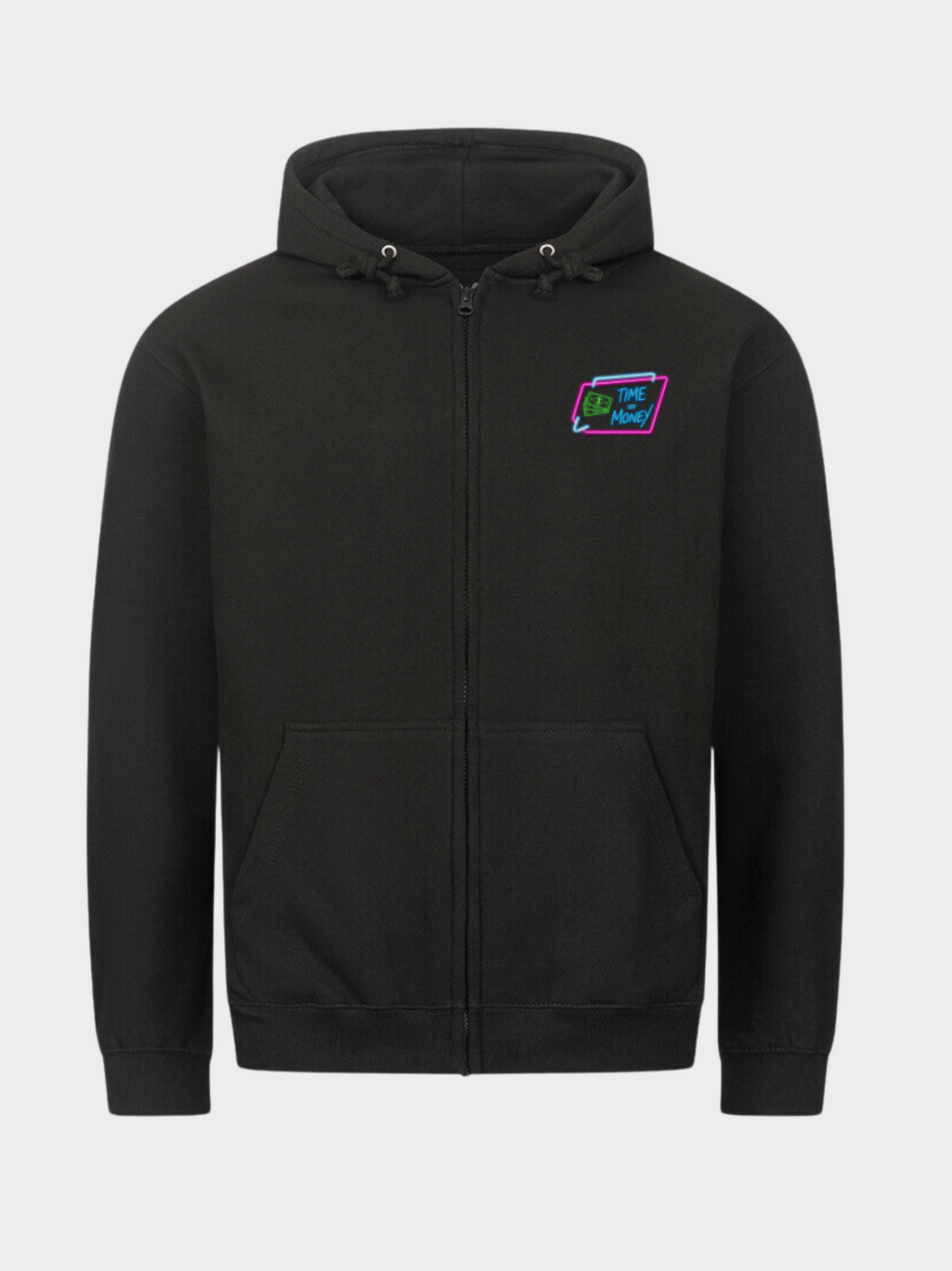Schwarzer Zipper Hoodie mit Neon-Grafik "Time is Money" auf der Brust und Rückseite