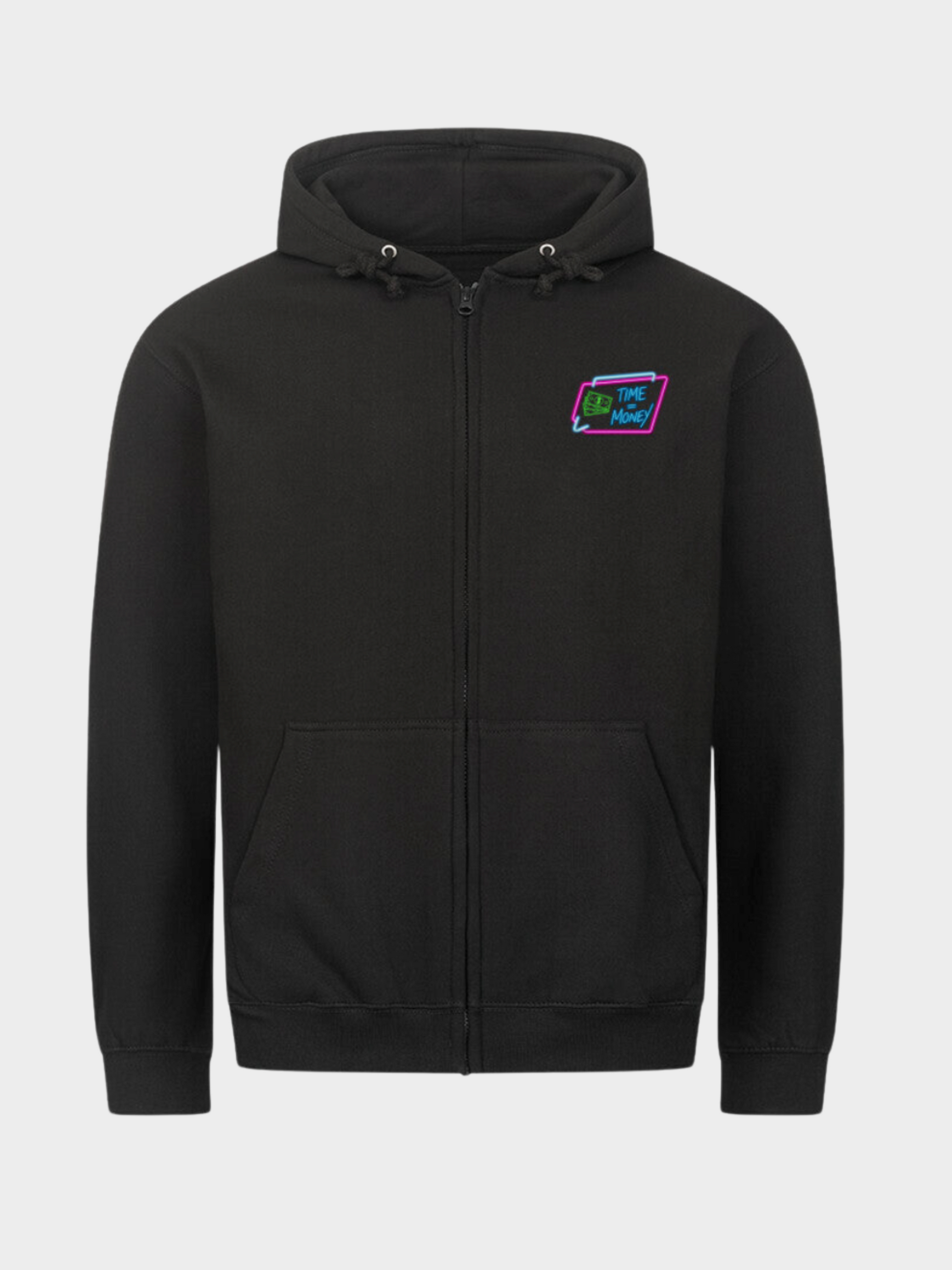 Schwarzer Zipper Hoodie mit Neon-Grafik "Time is Money" auf der Brust und Rückseite